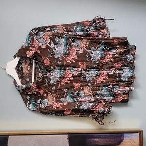 Violet & Claire brown and coral floral women's top; 3/4 length sleeve blouse.